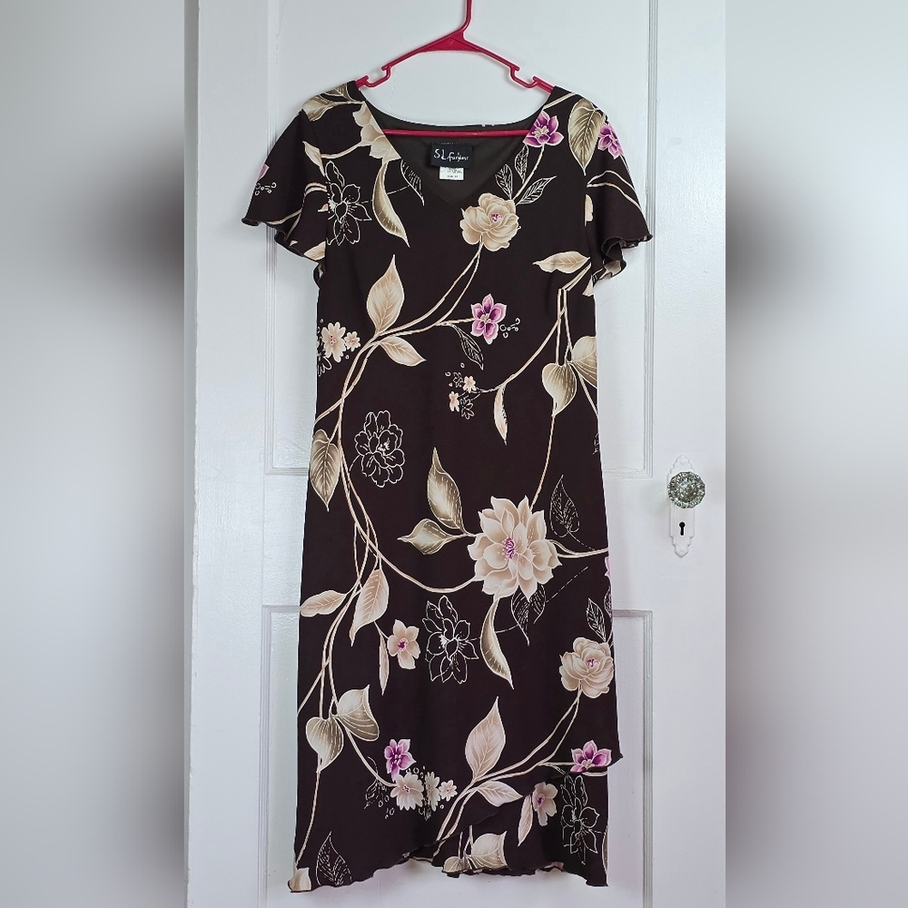 S.L. Fashions Brown and Pink Floral Dress Size 16